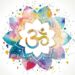 Om sign in lotus flower. Rainbow watercolor texture and splash . Vector isolated. Spiritual Buddhist, Hindu symbol